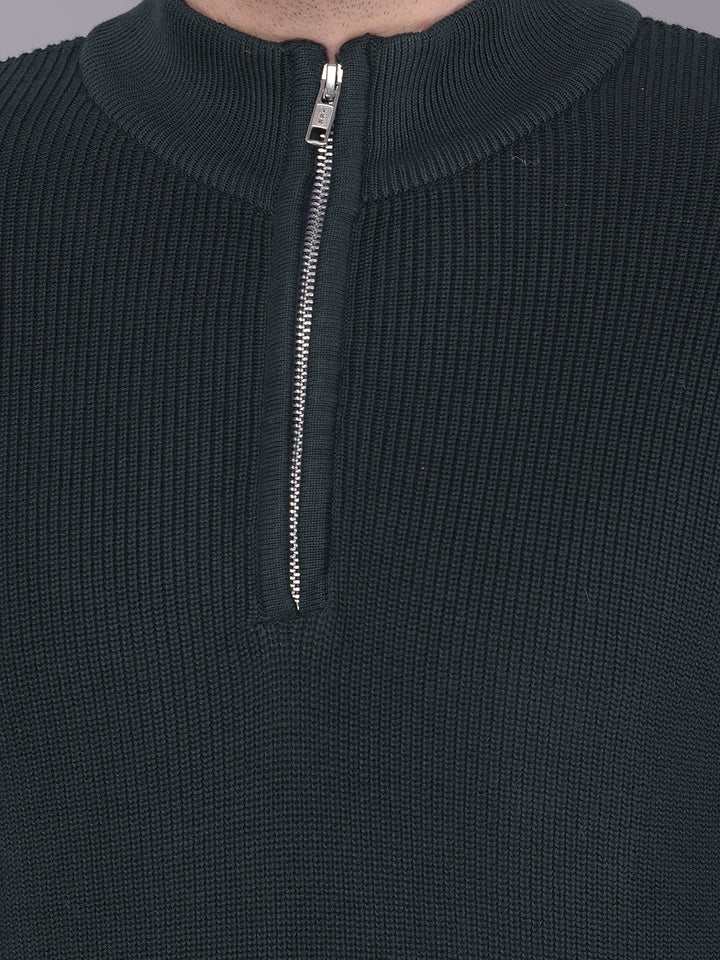 COBB SOLID DARK GREEN HIGH NECK ZIPPER SWEATER