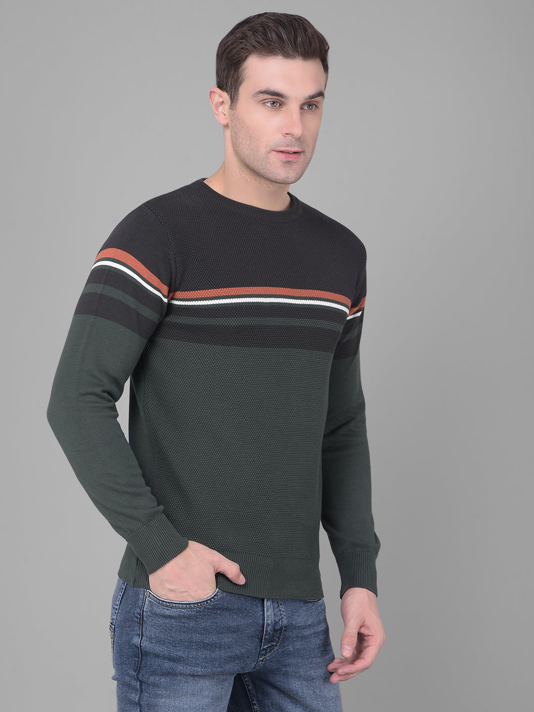 cobb green striped round neck sweater