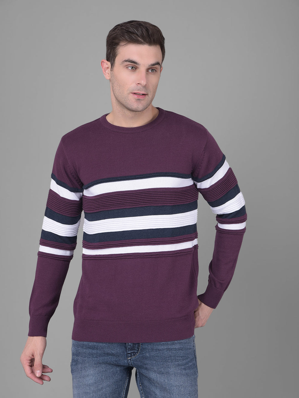 cobb wine striped round neck sweater