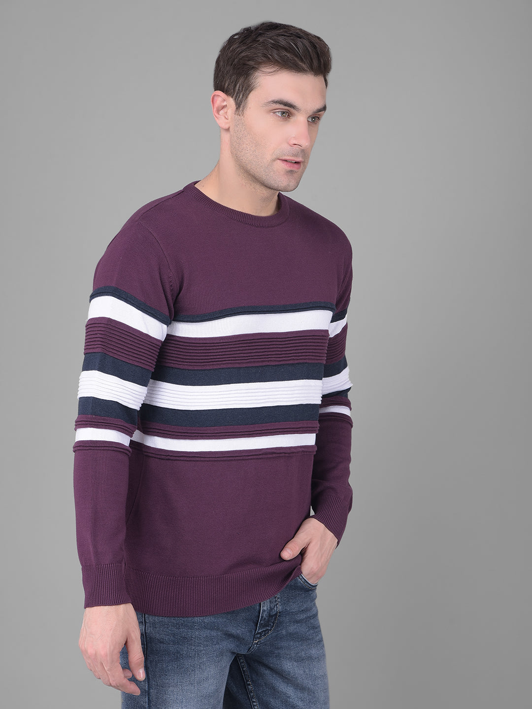 cobb wine striped round neck sweater
