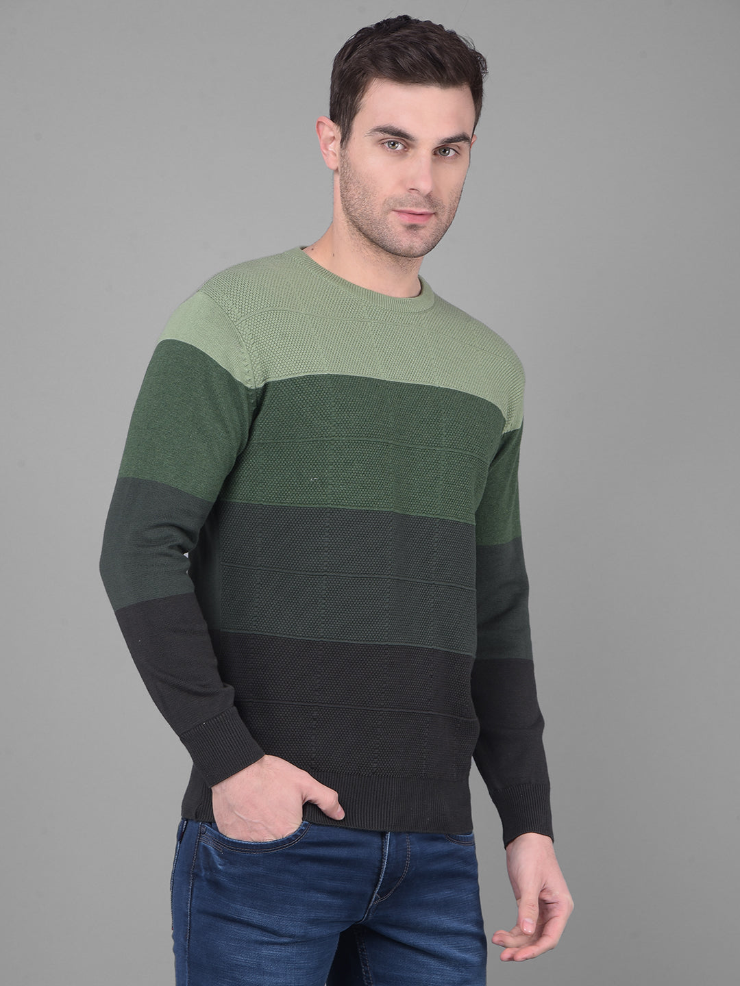 Cobb Green Black Striped Round Neck Sweater