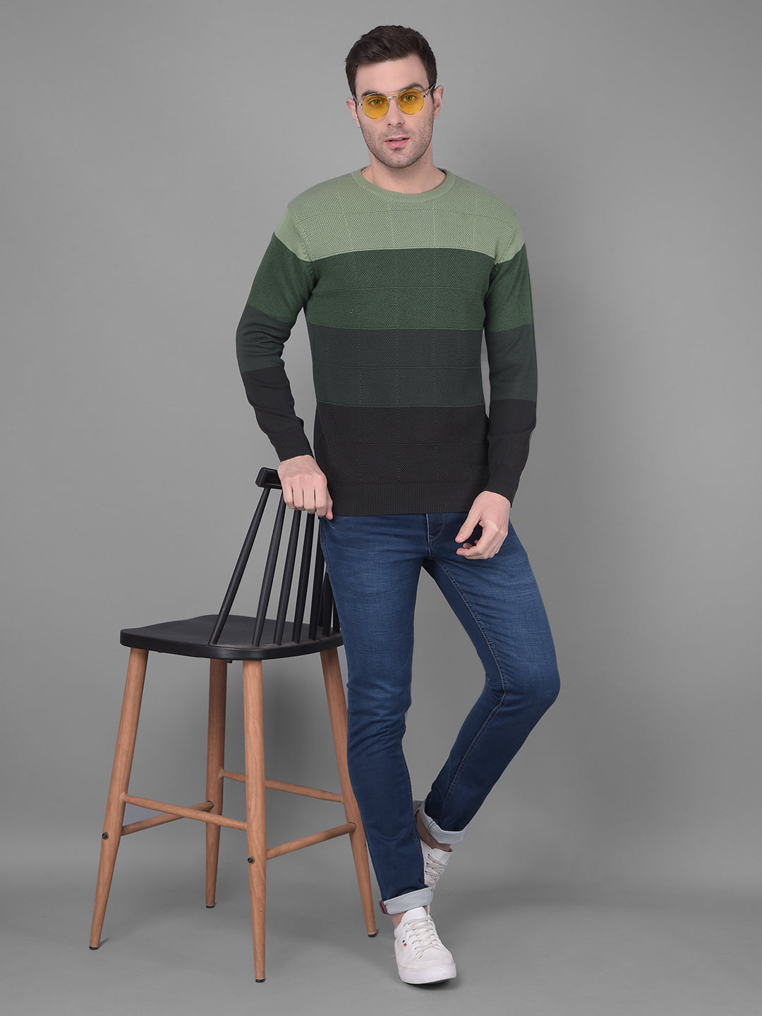 Cobb Green Black Striped Round Neck Sweater