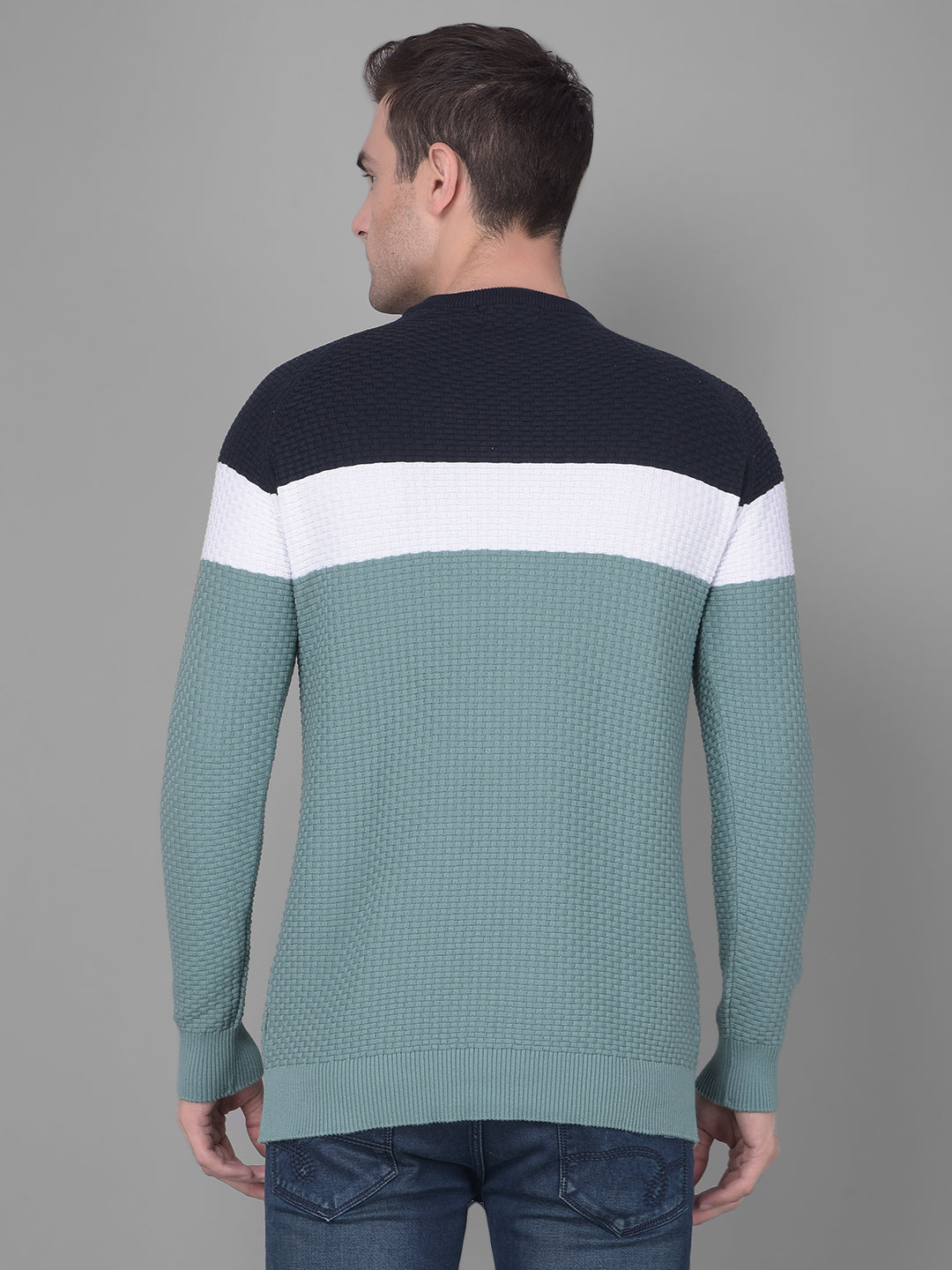 cobb navy sea green pattern round neck sweater