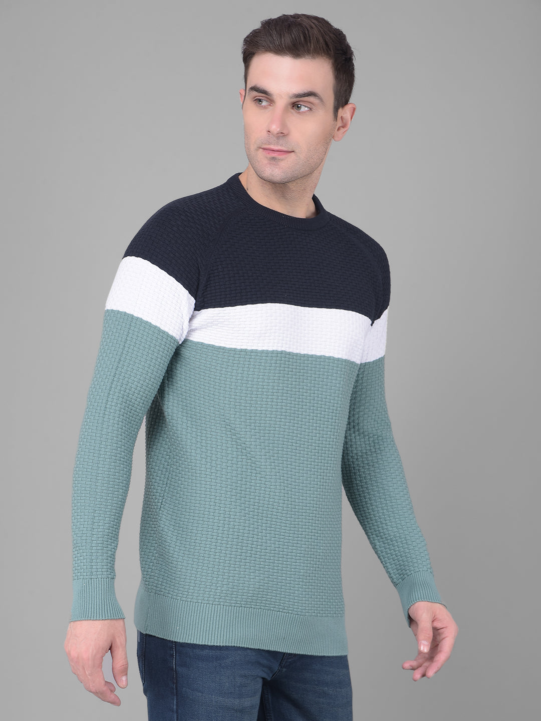 cobb navy sea green pattern round neck sweater