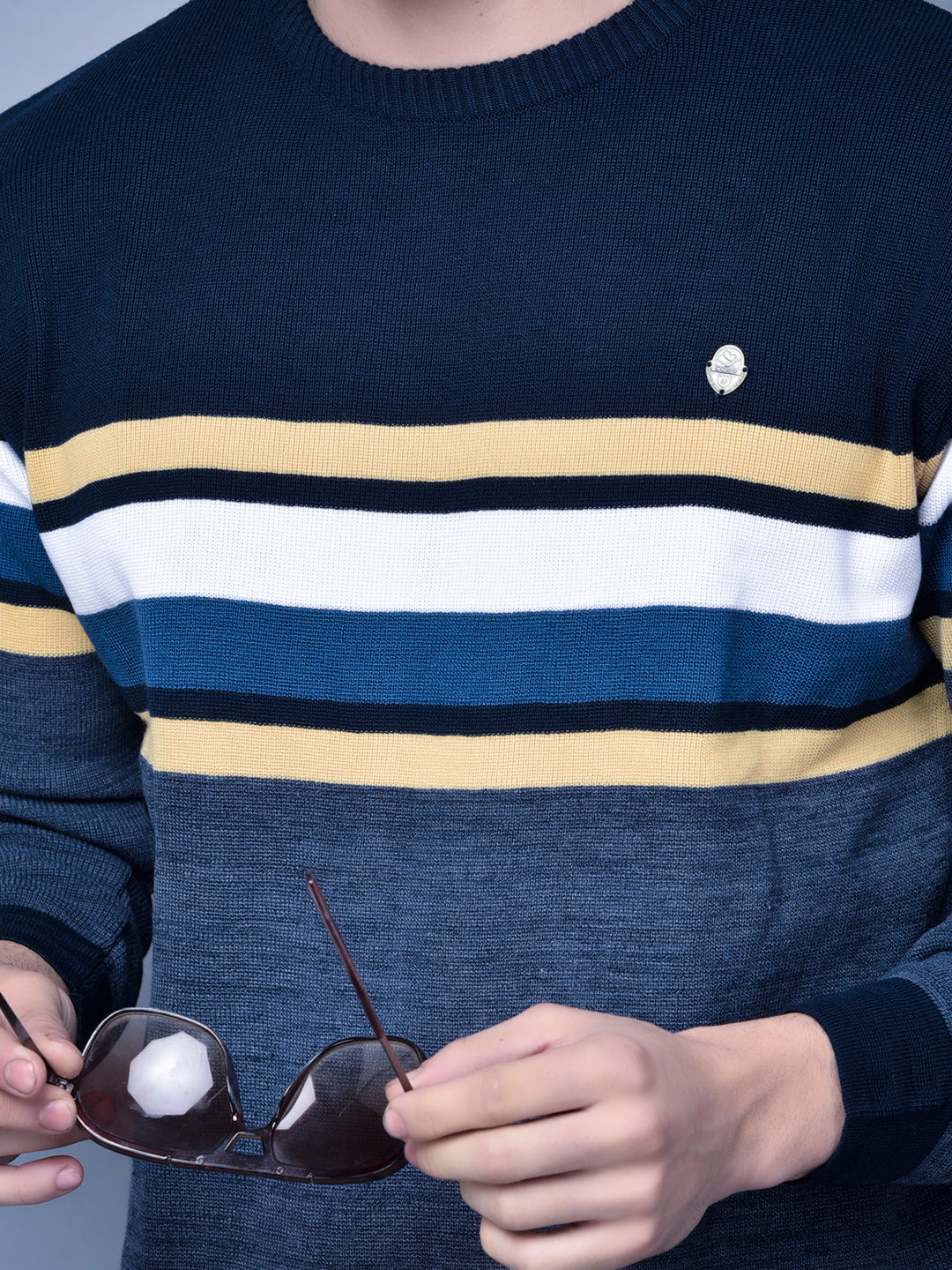 Cobb Navy Blue Striped Round Neck Sweater