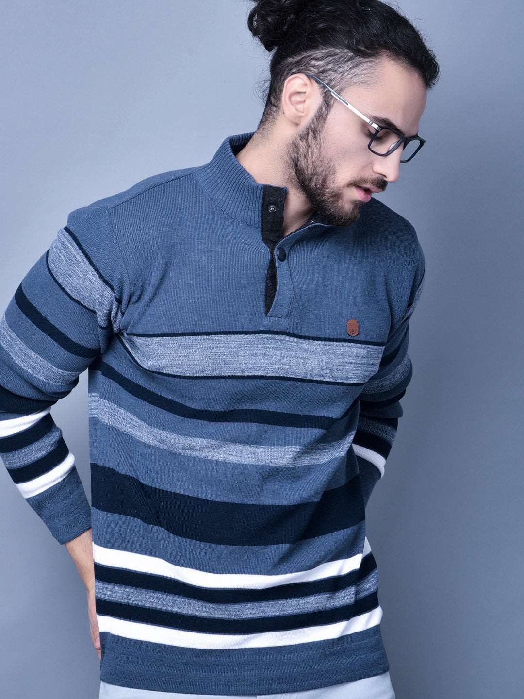 Cobb Grey Striped Round Neck Sweater