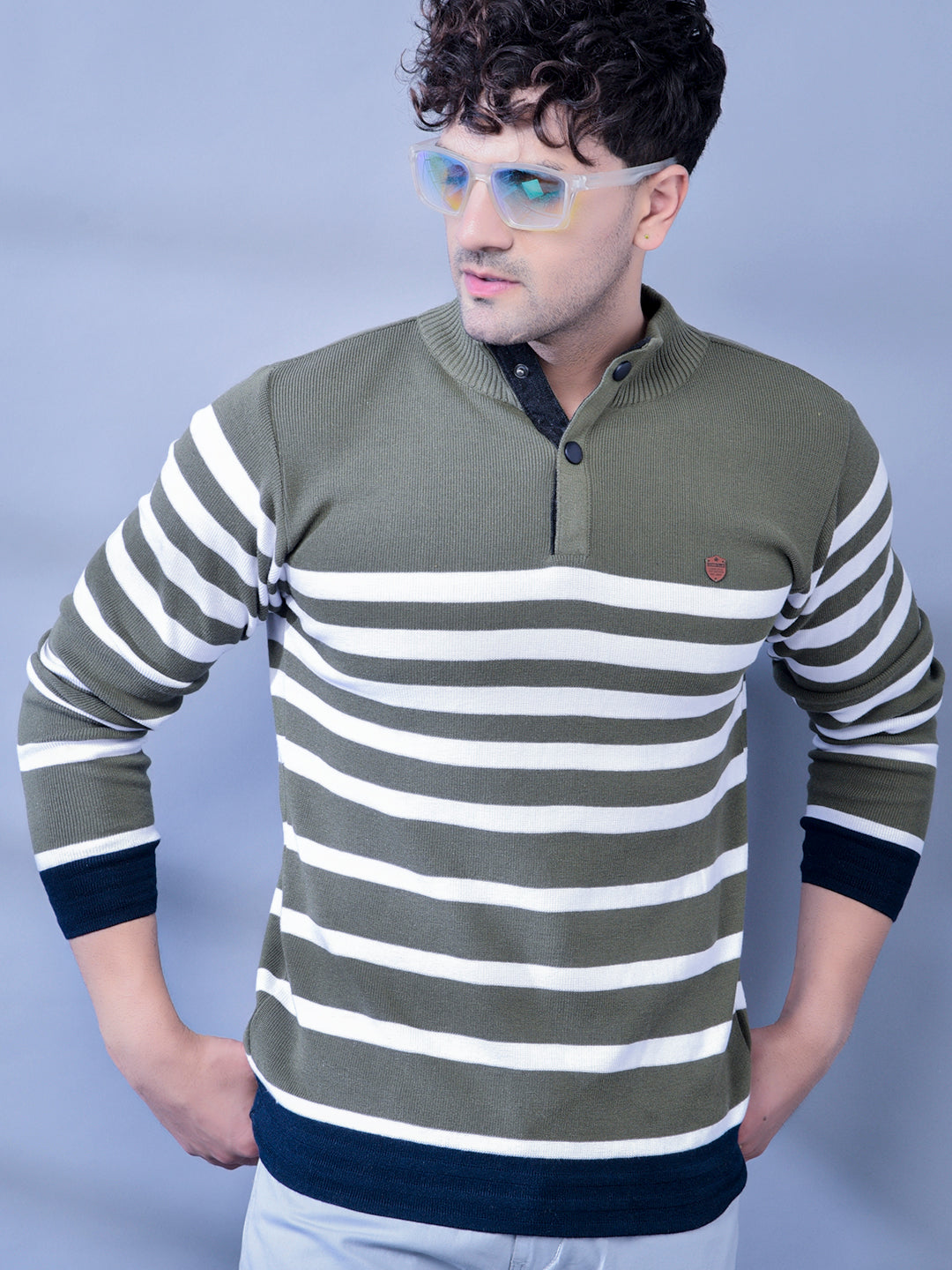 Cobb Olive Striped Round Neck Sweater
