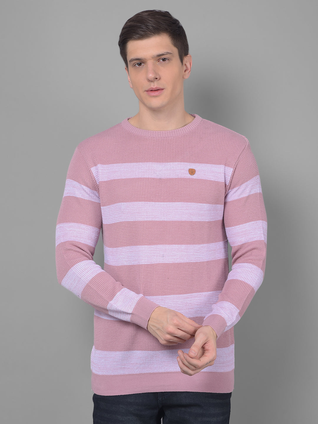 cobb dusty coral striped round neck sweater