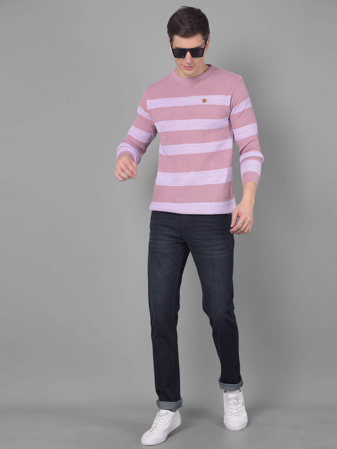COBB DUSTY CORAL STRIPED ROUND NECK SWEATER