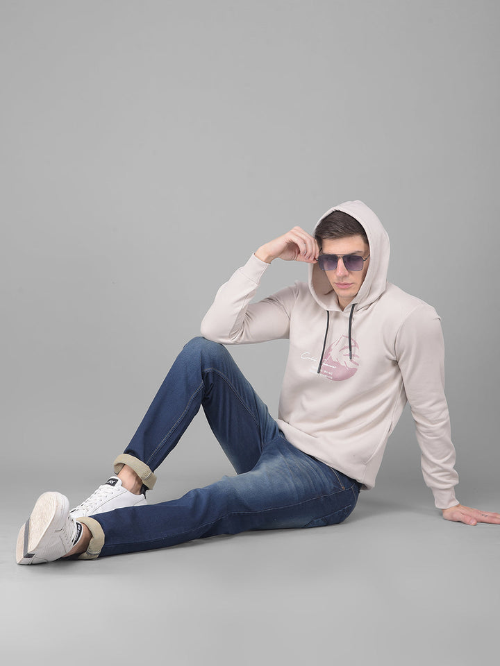 COBB BEIGE PRINTED ROUND NECK CLASSIC HOODIE