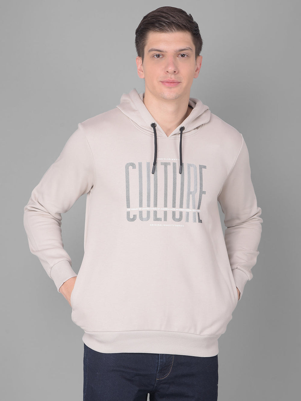 COBB BEIGE PRINTED ROUND NECK CLASSIC HOODIE