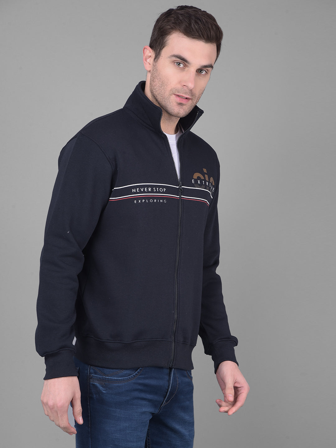 cobb dark navy printed high-neck zip-up sweatshirt