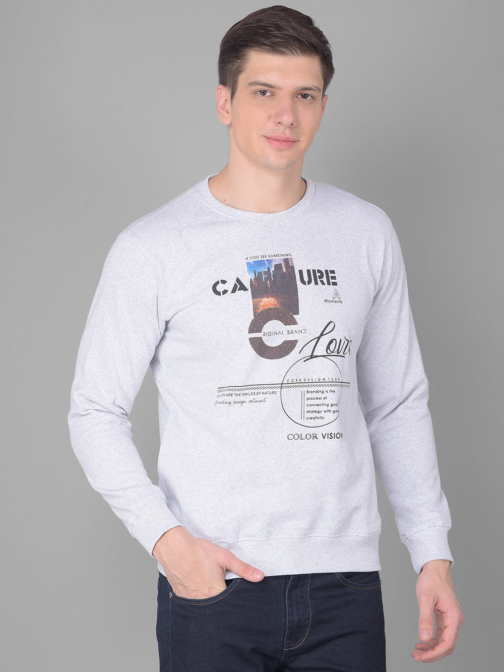 COBB LIGHT GREY PRINTED ROUND NECK SWEATSHIRT