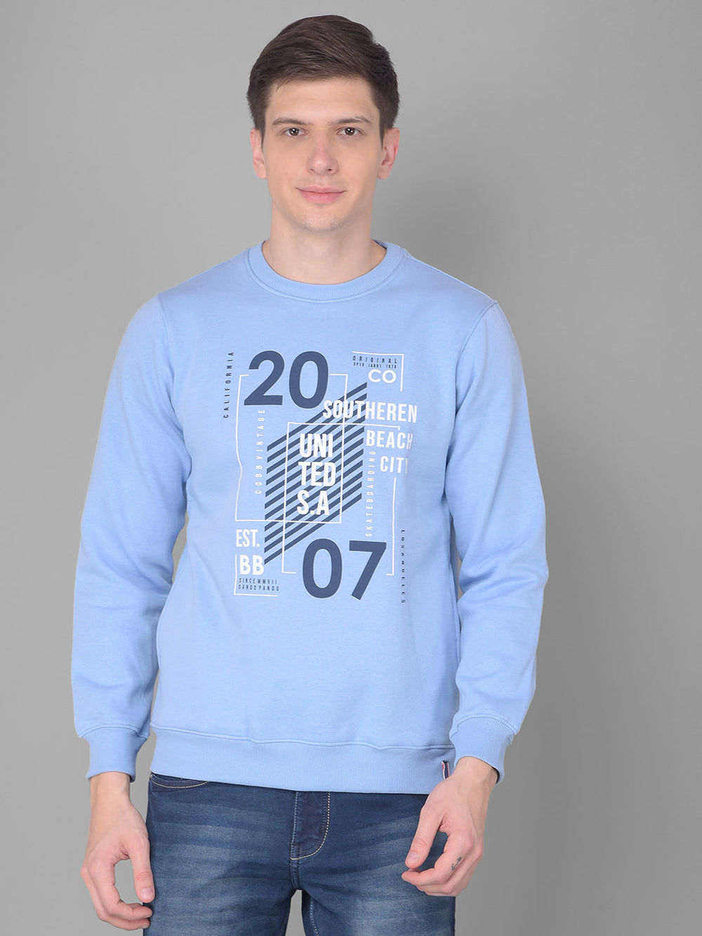 COBB SKY BLUE PRINTED ROUND NECK SWEATSHIRT