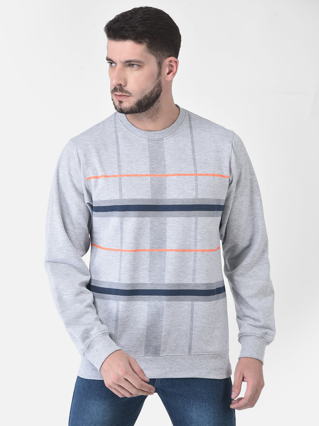 Cobb Grey Striped Round Neck Sweatshirt