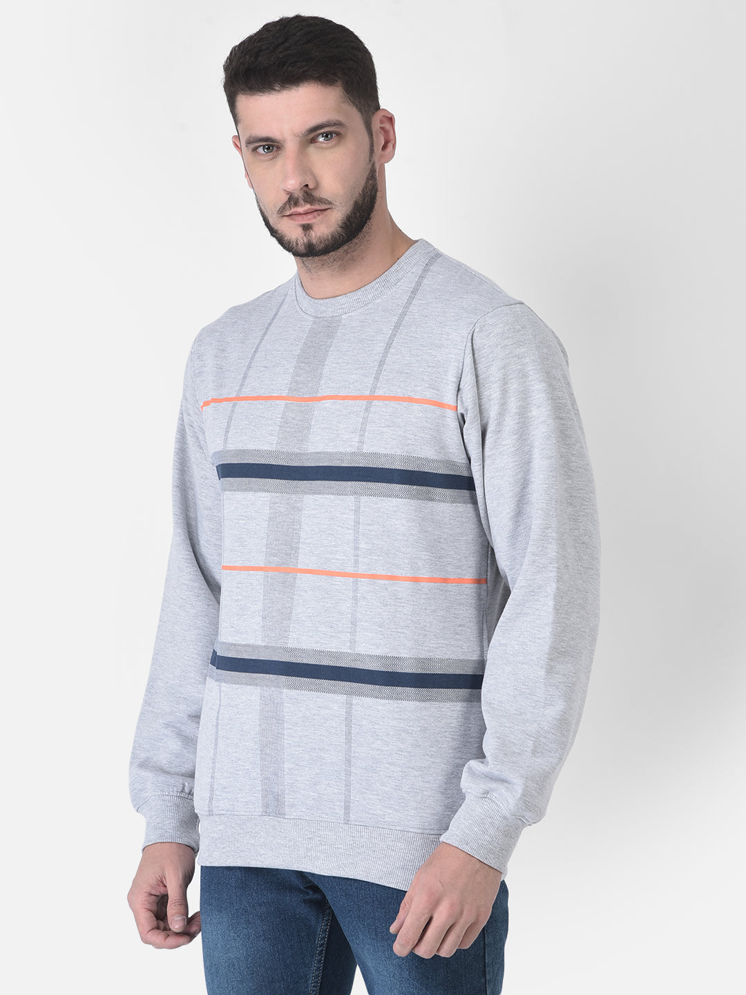 Cobb Grey Striped Round Neck Sweatshirt