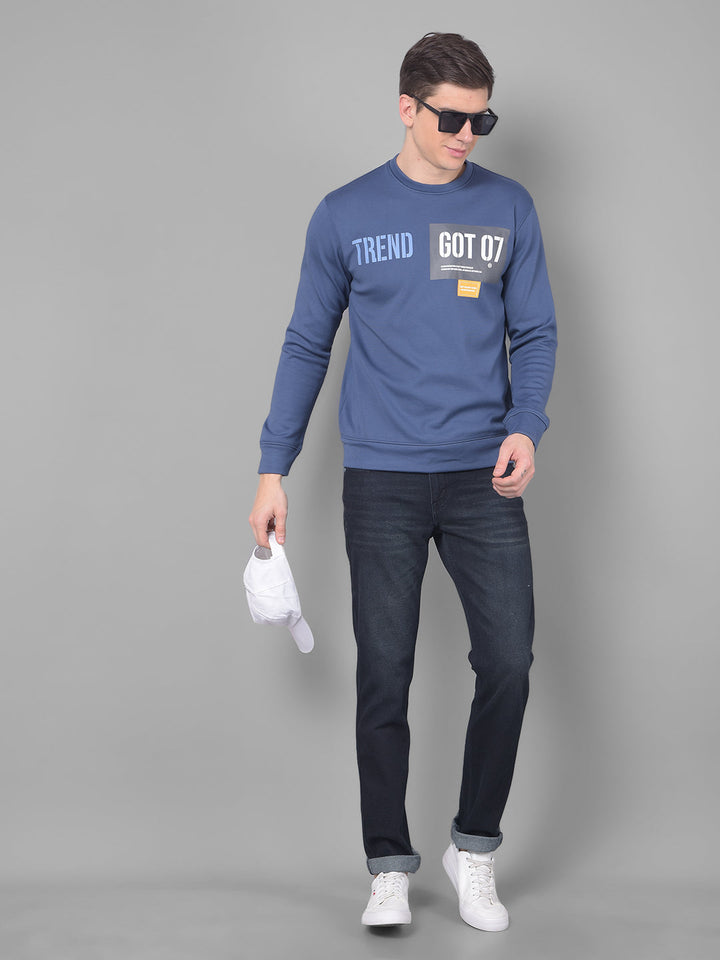 COBB DENIM BLUE PRINTED ROUND NECK SWEATSHIRT