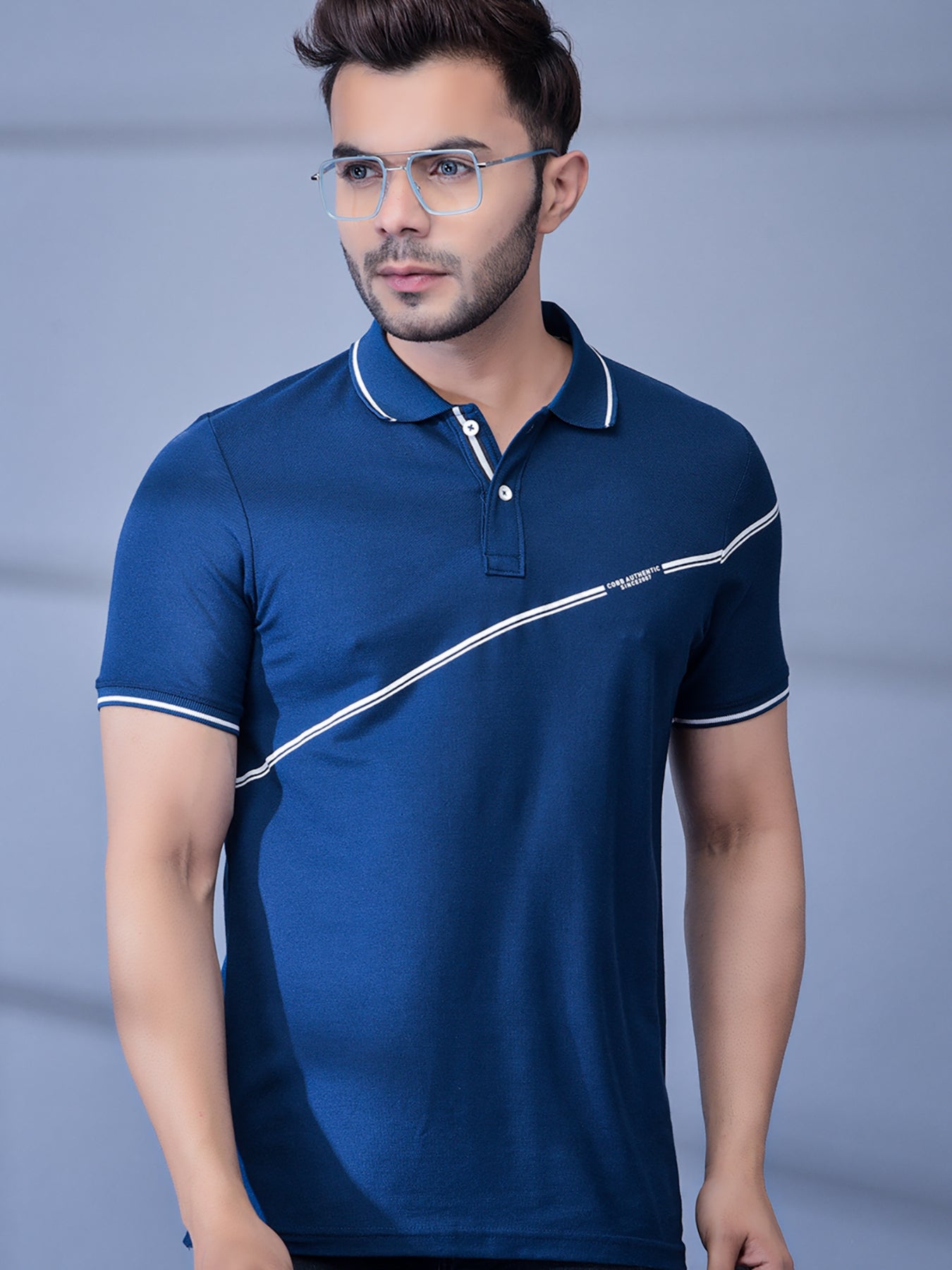 People Medium Blue Embellished Casual Half Sleeves Polo Neck Men Slim Fit T-Shirt size S