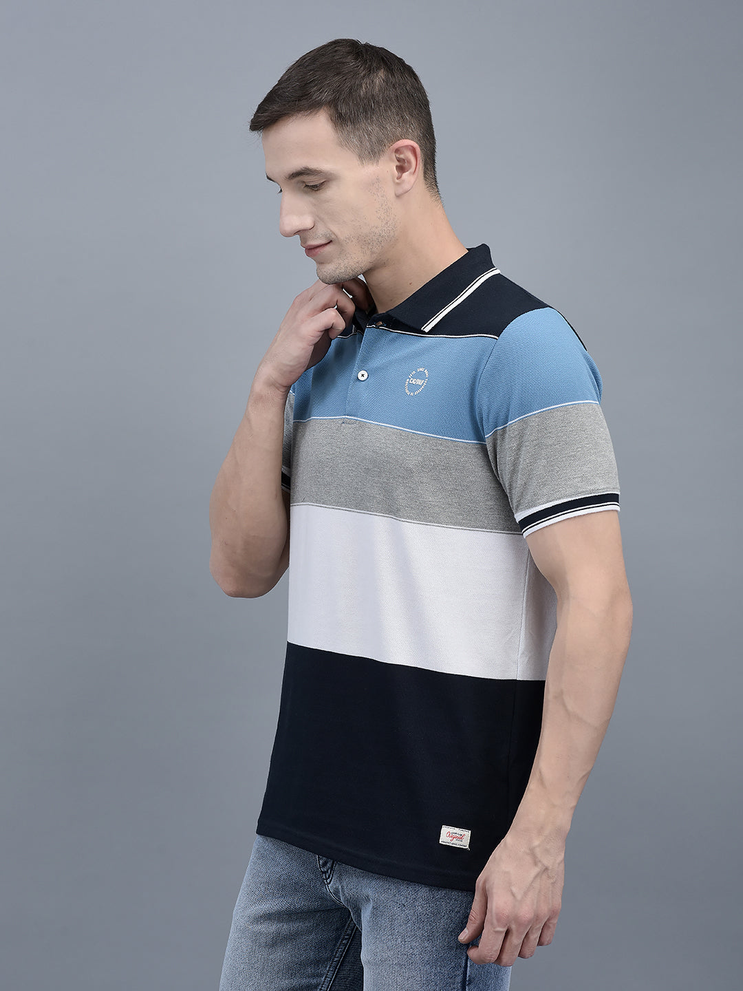 Cobb Blue Striped Polo Neck T-Shirt