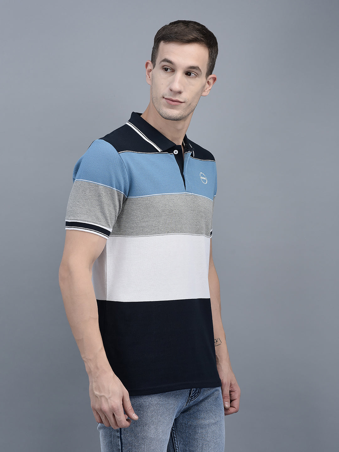 Cobb Blue Striped Polo Neck T-Shirt
