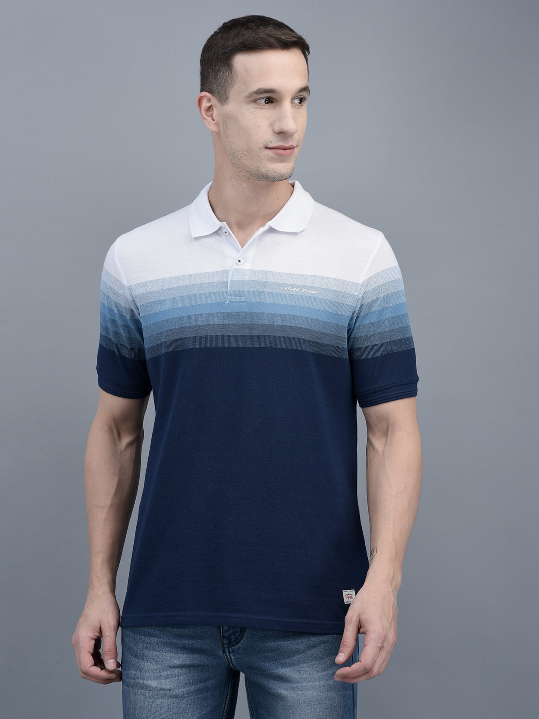 Cobb Blue Striped Polo Neck T-Shirt BLUE