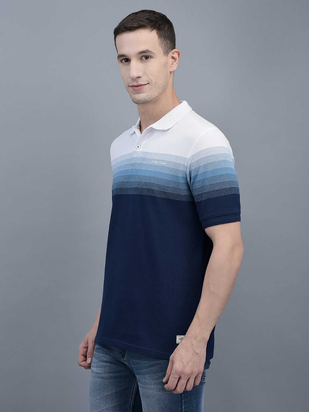 Cobb Blue Striped Polo Neck T-Shirt
