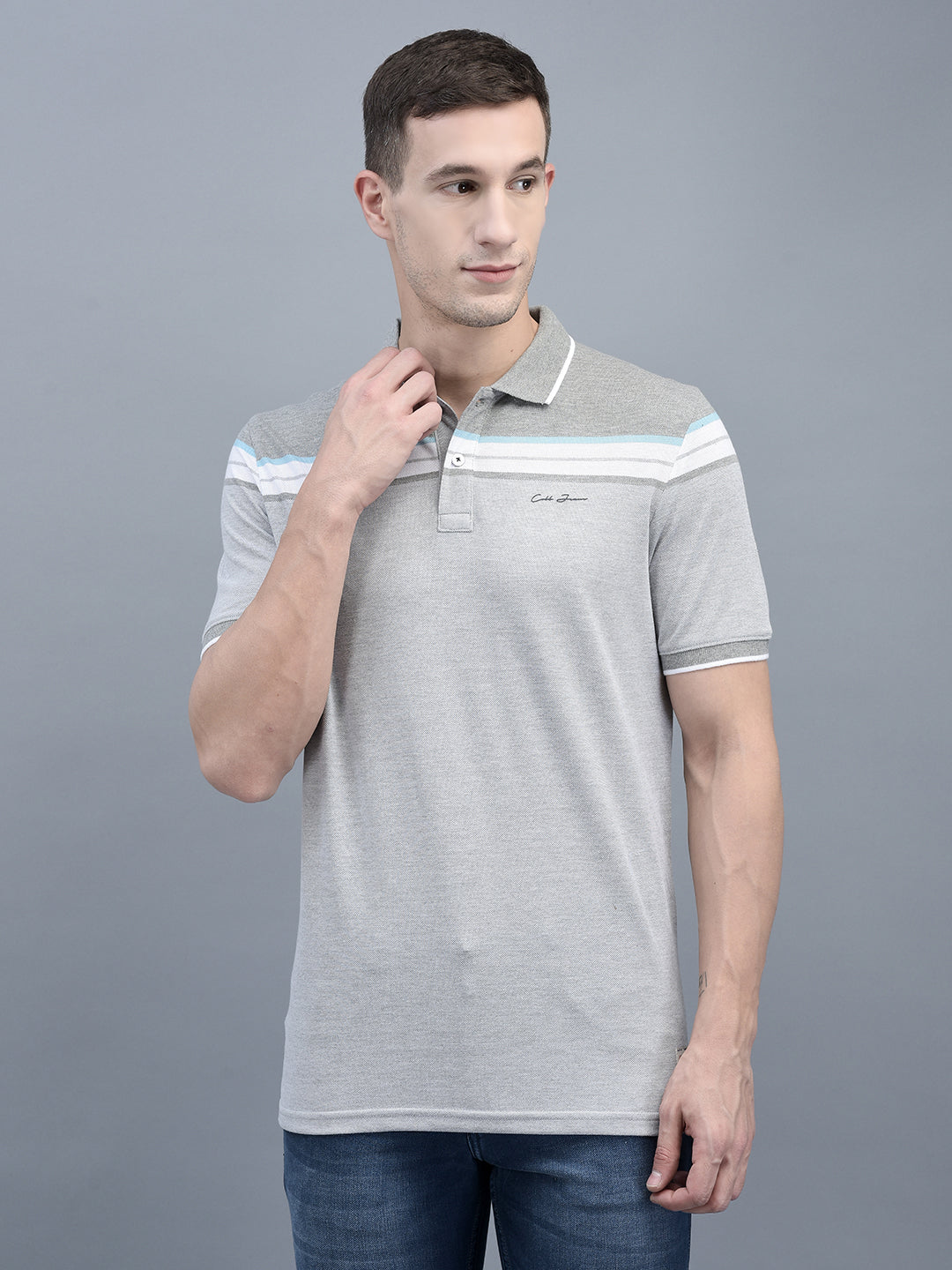 Cobb Grey Striped Polo Neck T-Shirt GREY