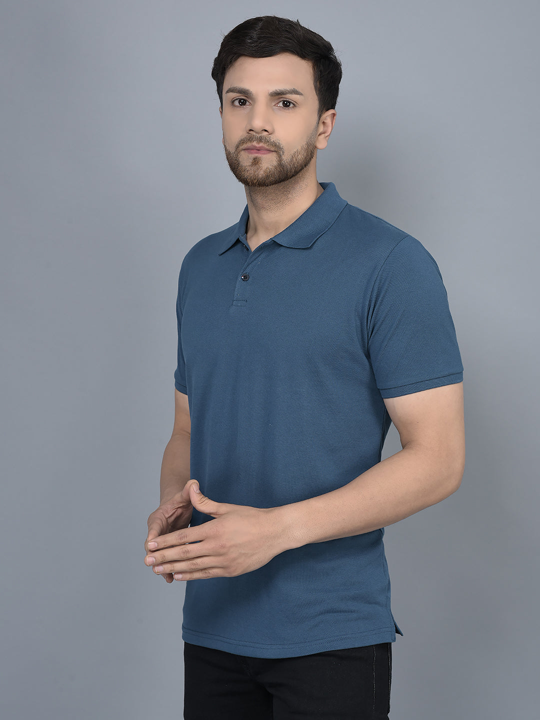 Cobb Denim Blue Solid Polo Neck T-Shirt