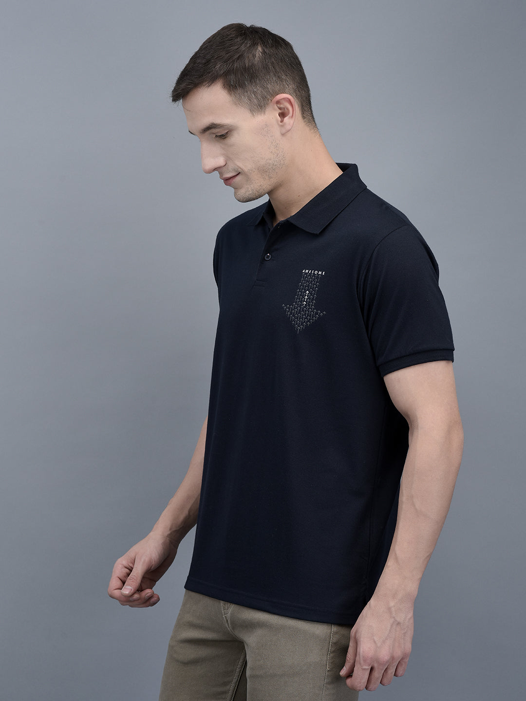 Cobb Navy Blue Solid Polo Neck T-Shirt