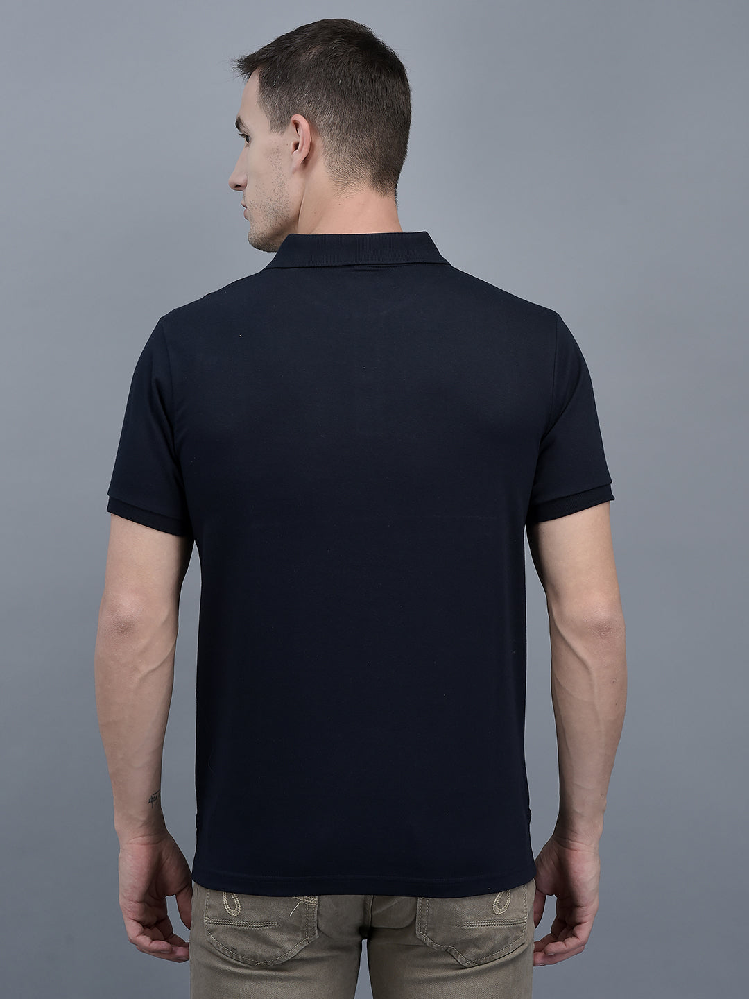 Cobb Navy Blue Solid Polo Neck T-Shirt