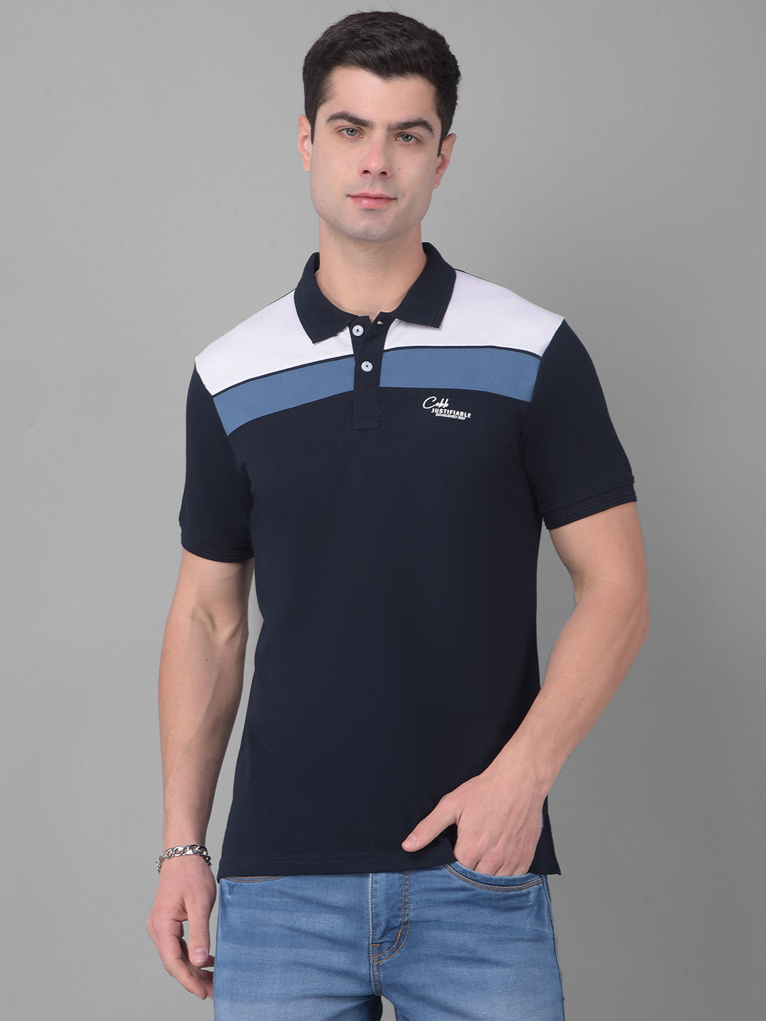 cobb navy blue white striped polo neck t-shirt