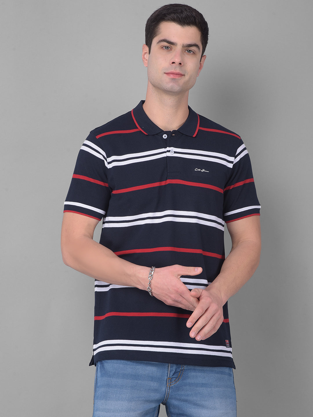 cobb navy red white striped polo neck t-shirt
