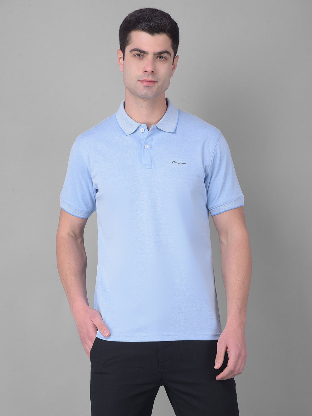 cobb solid sky blue polo neck t-shirt