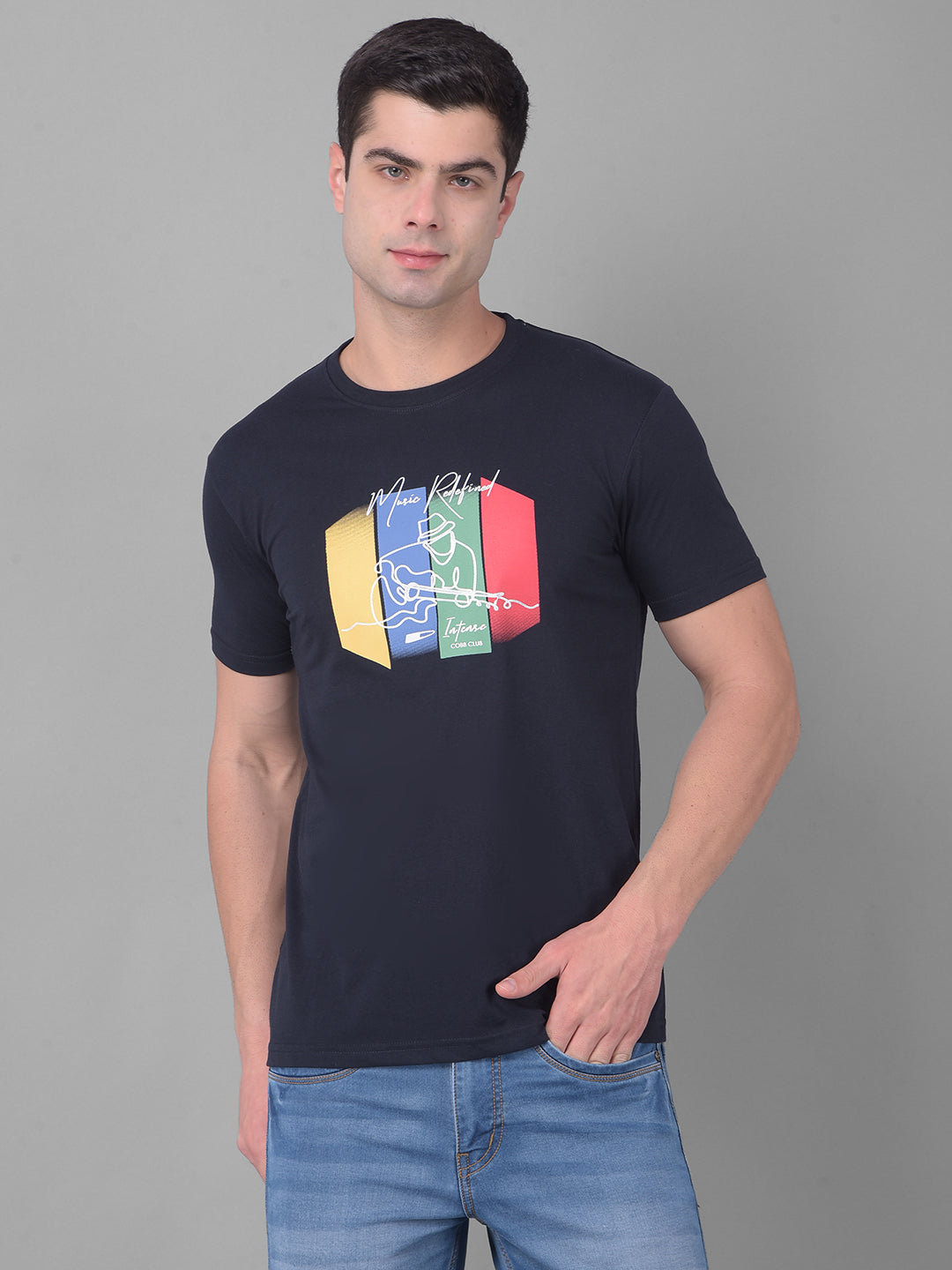 cobb navy blue printed round neck t-shirt