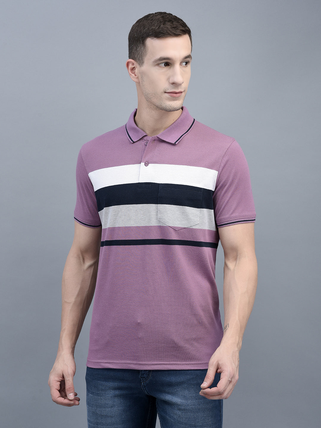 Cobb Purple Striped Polo Neck T-Shirt PURPLE