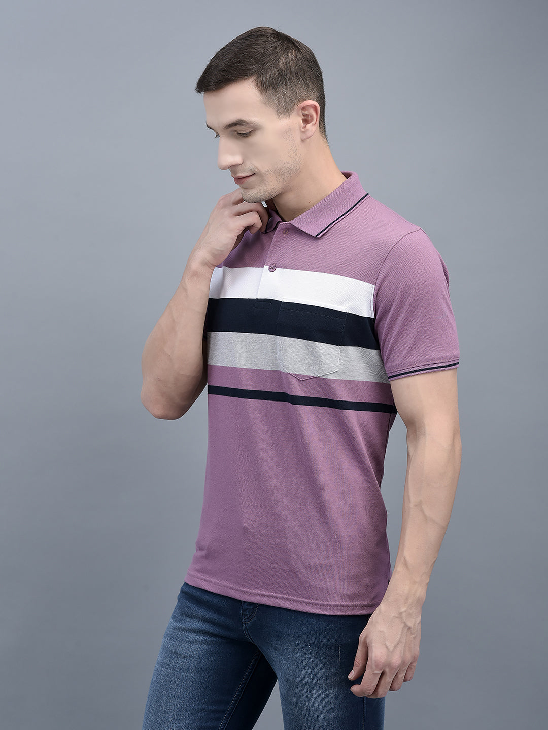 Cobb Purple Striped Polo Neck T-Shirt