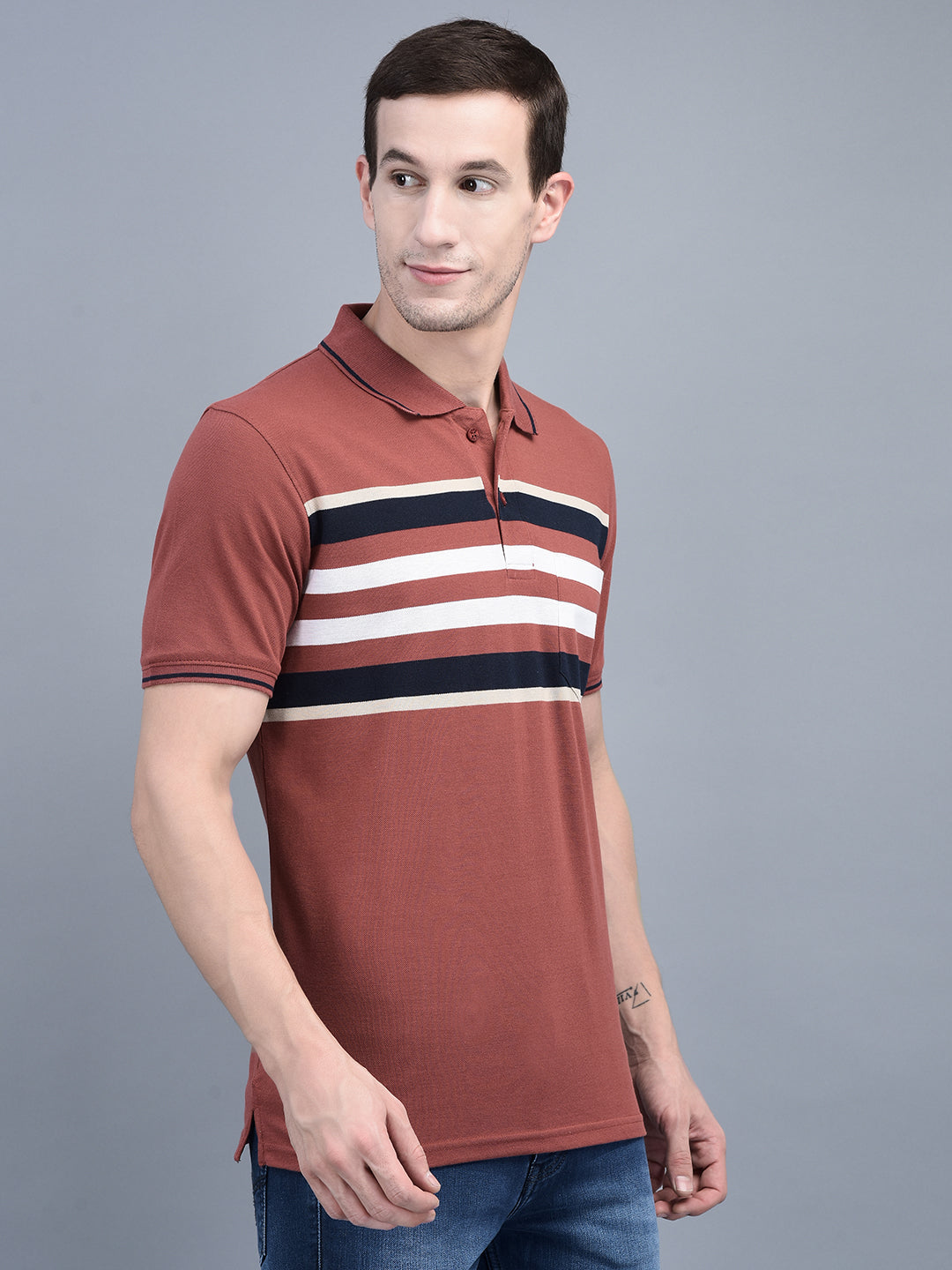 Cobb Brown Striped Polo Neck T-Shirt