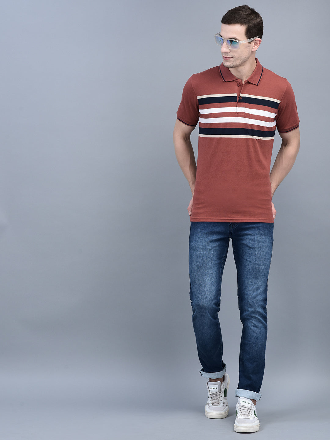 Cobb Brown Striped Polo Neck T-Shirt