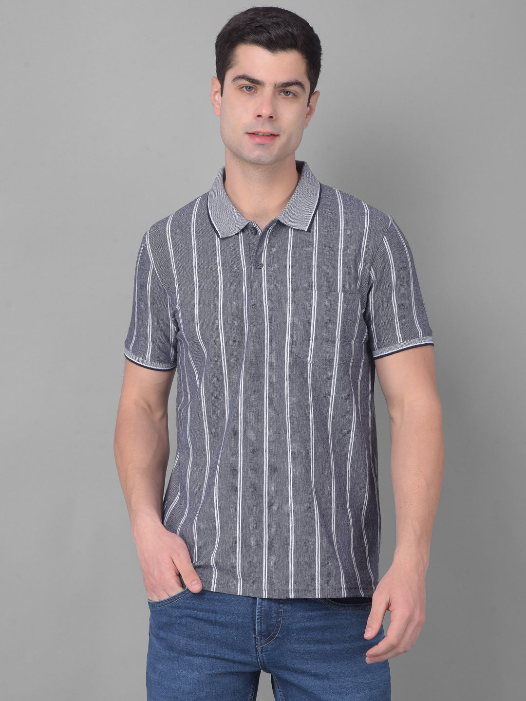 cobb gray blue striped polo neck t-shirt