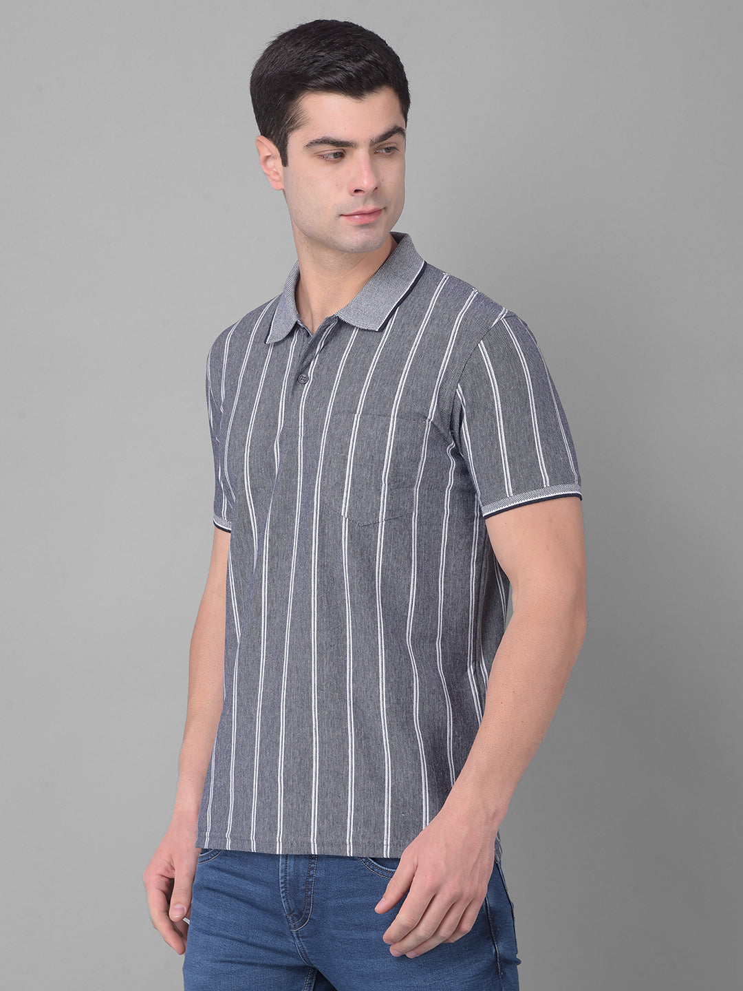 cobb gray blue striped polo neck t-shirt