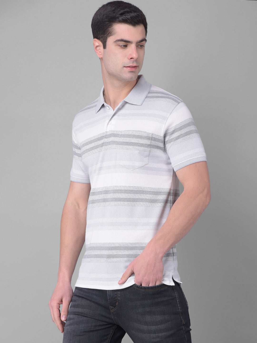 cobb light grey striped polo neck t-shirt