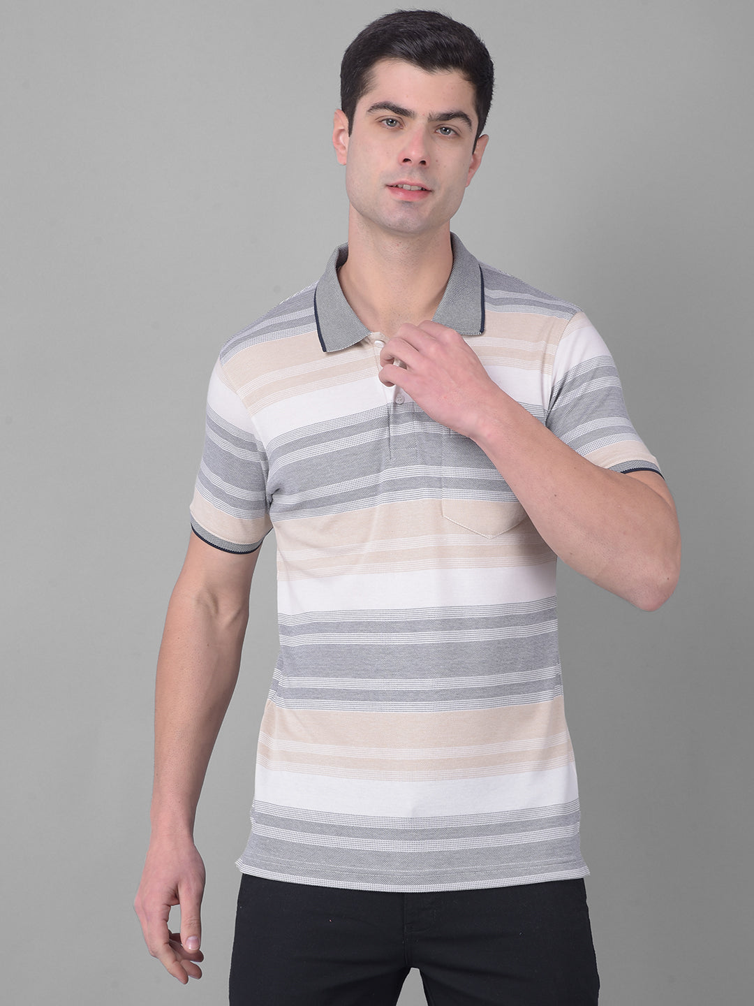cobb navy beige striped polo neck t-shirt
