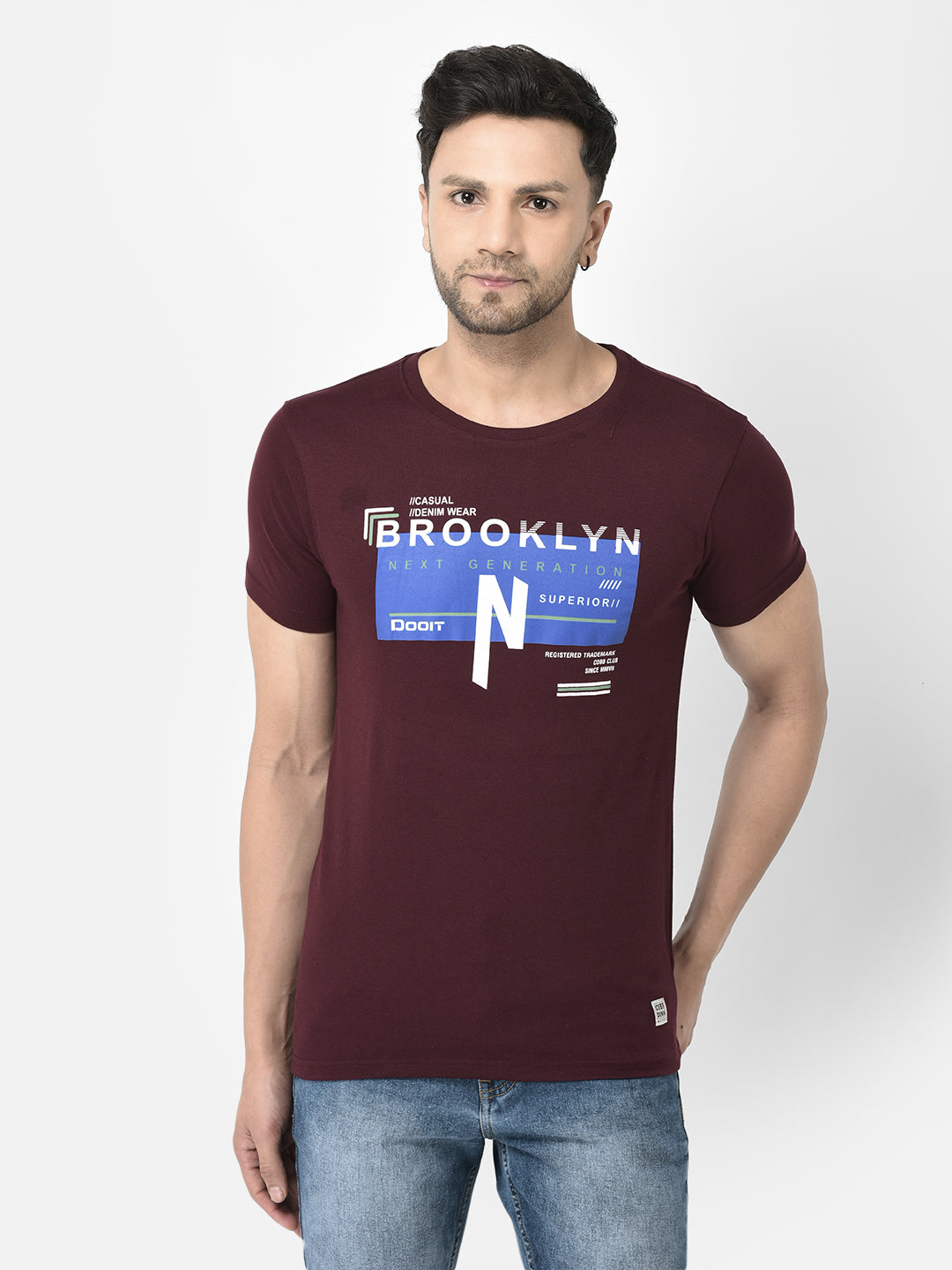 Cobb Mehroon Printed Round Neck T-Shirt