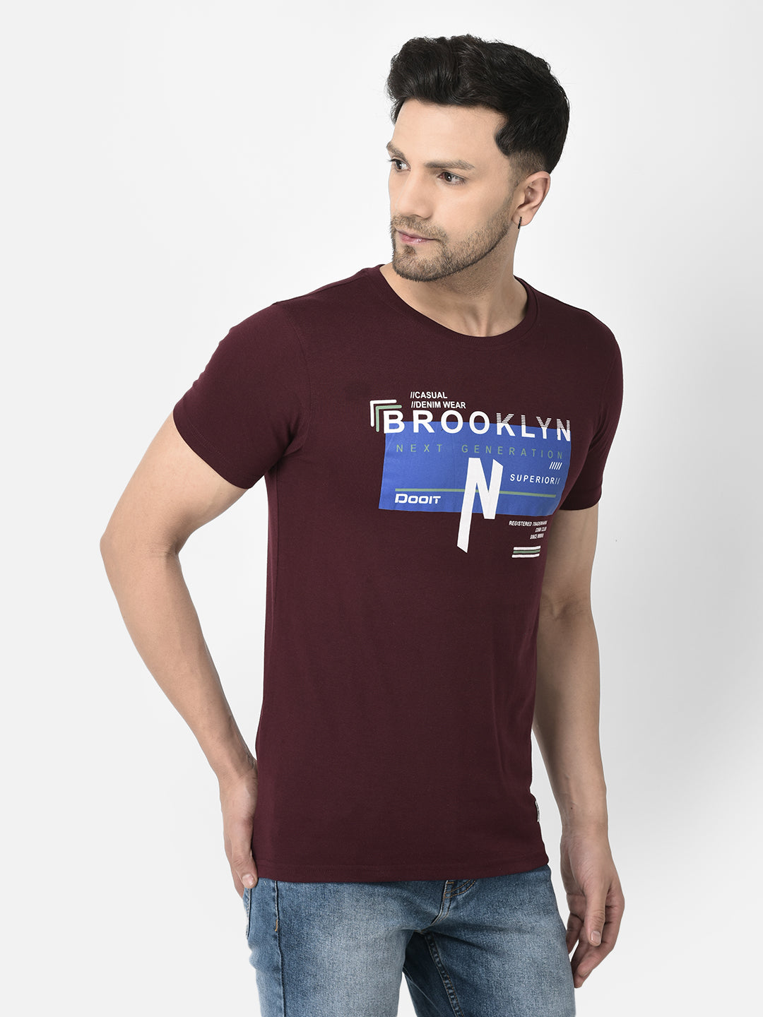 Cobb Mehroon Printed Round Neck T-Shirt