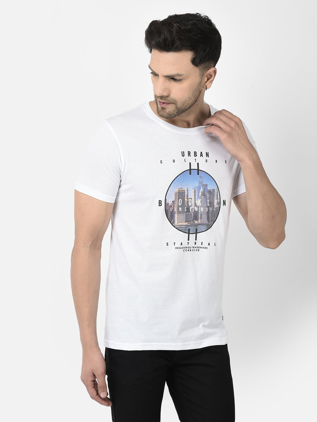 Cobb White Printed Round Neck T-Shirt