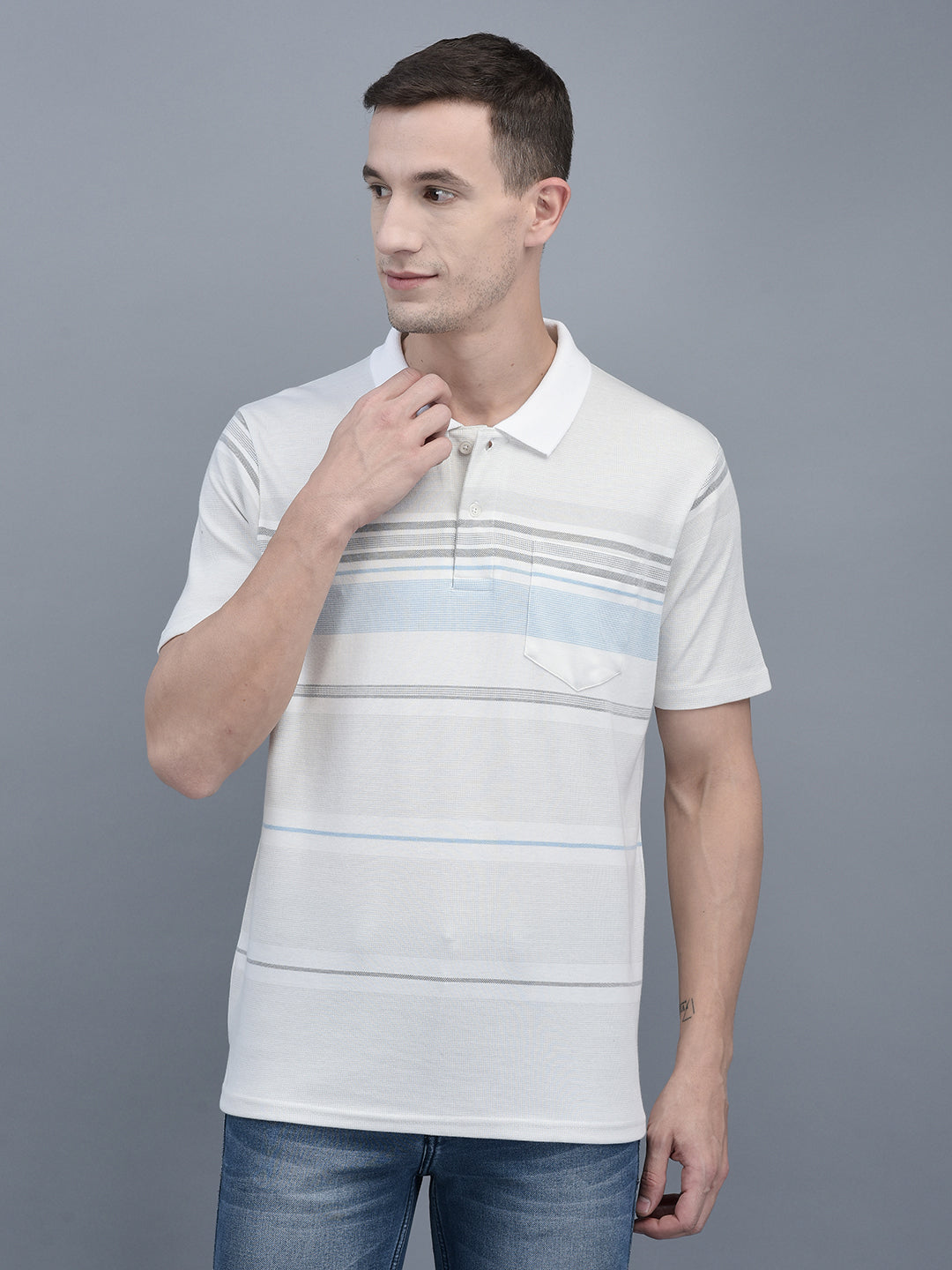 Cobb White Striped Polo Neck T-Shirt WHITE