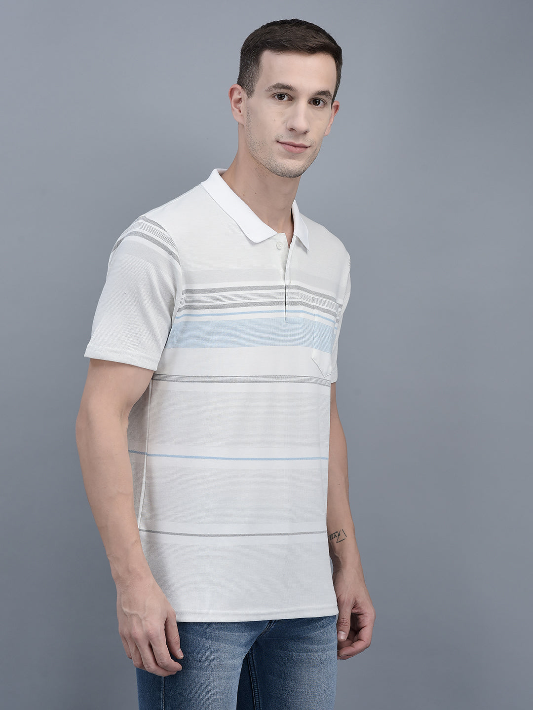 Cobb White Striped Polo Neck T-Shirt