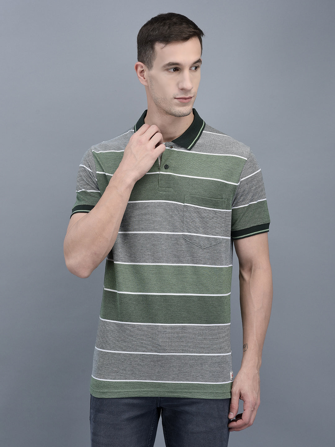 Cobb Green Striped Polo Neck T-Shirt GREEN