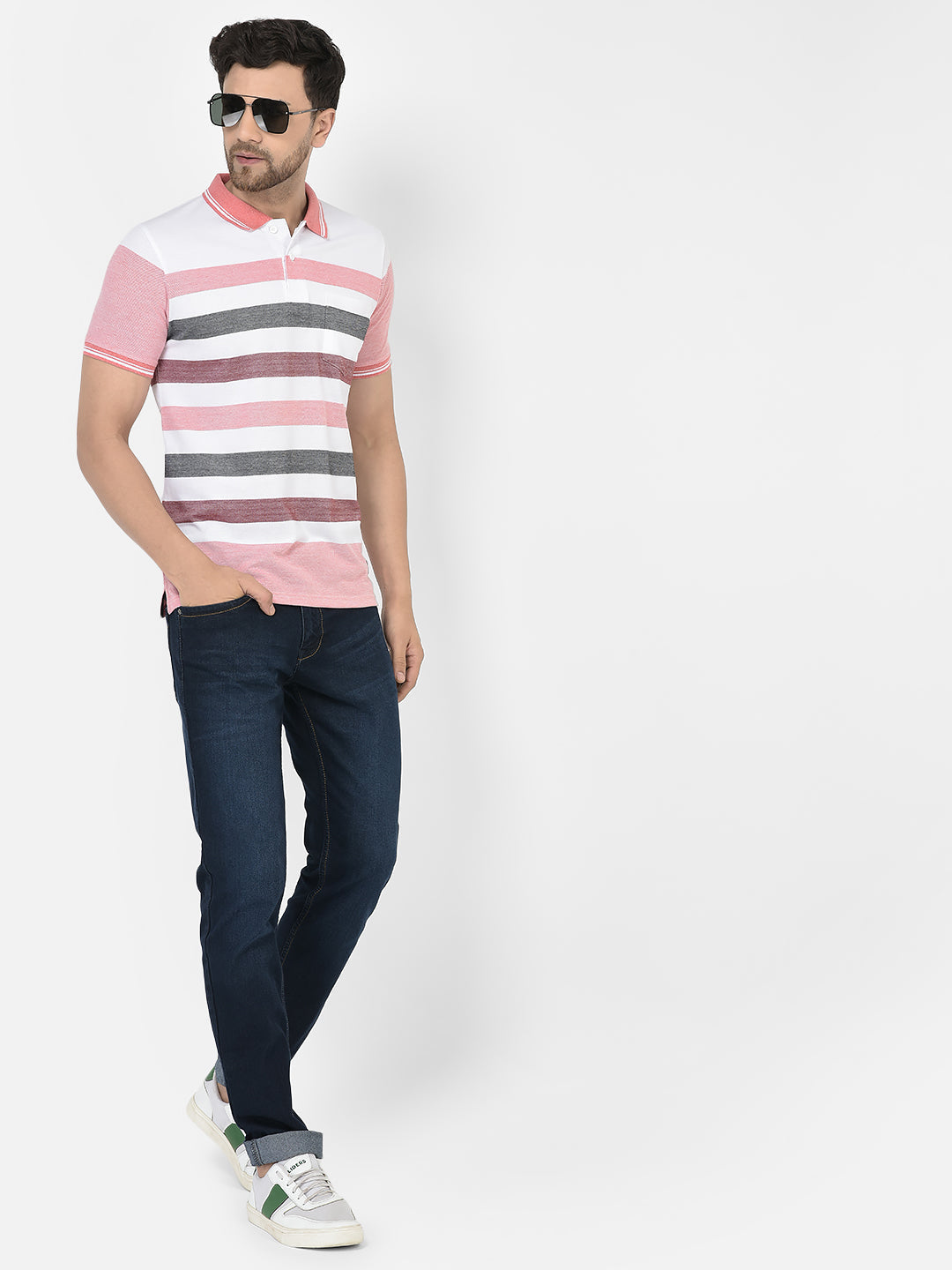 Cobb Peach Striped Polo Neck T-Shirt