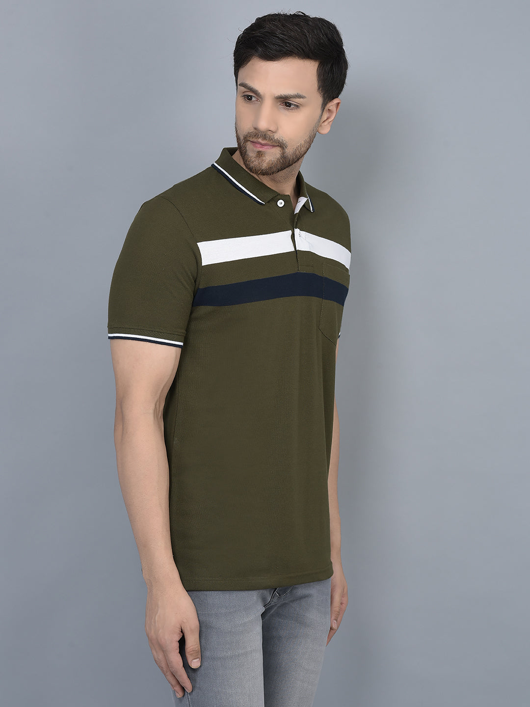 Cobb Olive Striped Polo Neck T-Shirt